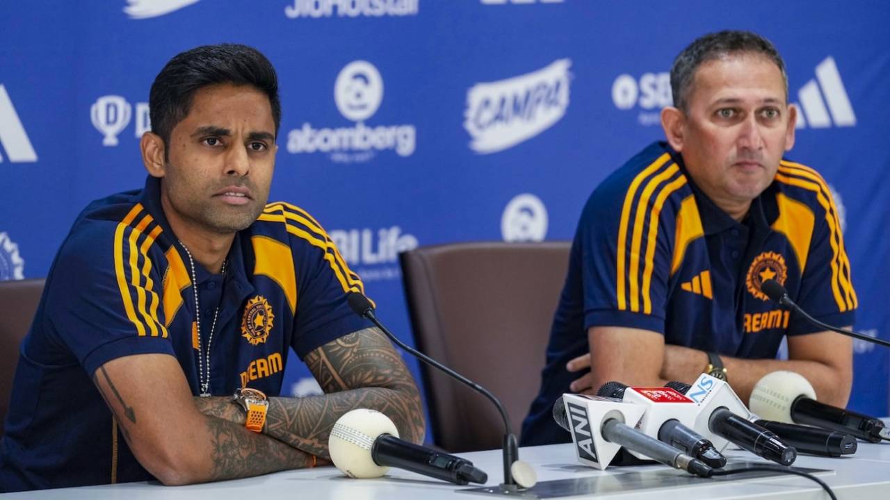 India's T20I captain Suryakumar Yadav and chief selector Ajit Agarkar announce the Asia Cup squad, Mumbai, August 19, 2025