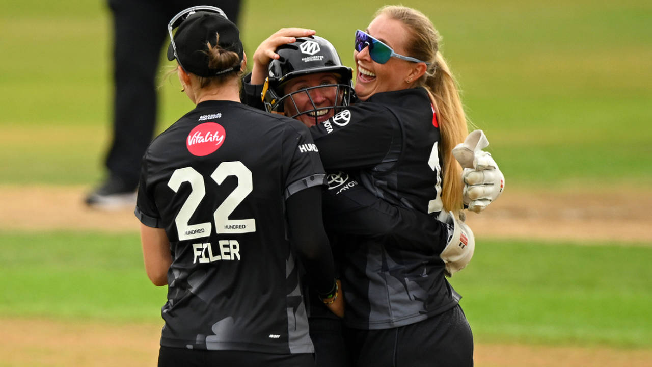 Sophie Ecclestone and Beth Mooney celebrate after combining to dismiss Nat Sciver-Brunt, Trent Rockets vs Manchester Originals, Women's Hundred, Trent Bridge, August 19, 2025