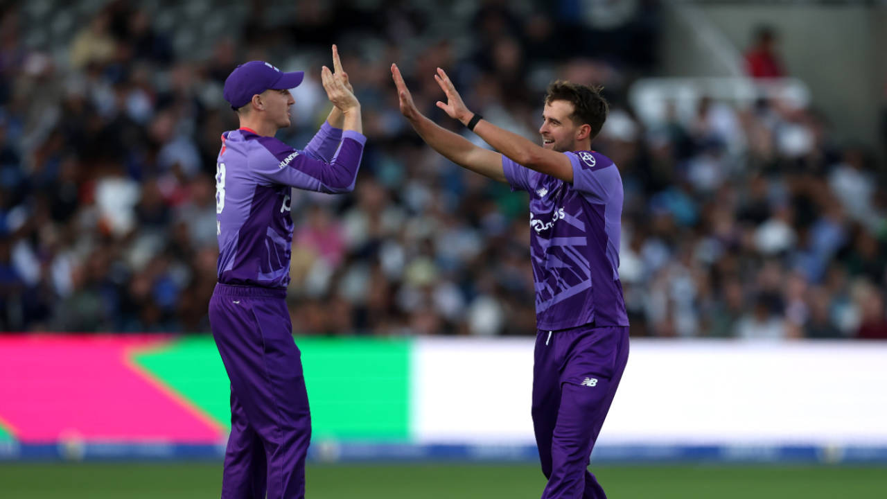 Tom Lawes and Harry Brook celebrate the wicket of Jamie Smith, London Spirit vs Northern Superchargers, Men's Hundred, Lord's, August 20, 2025