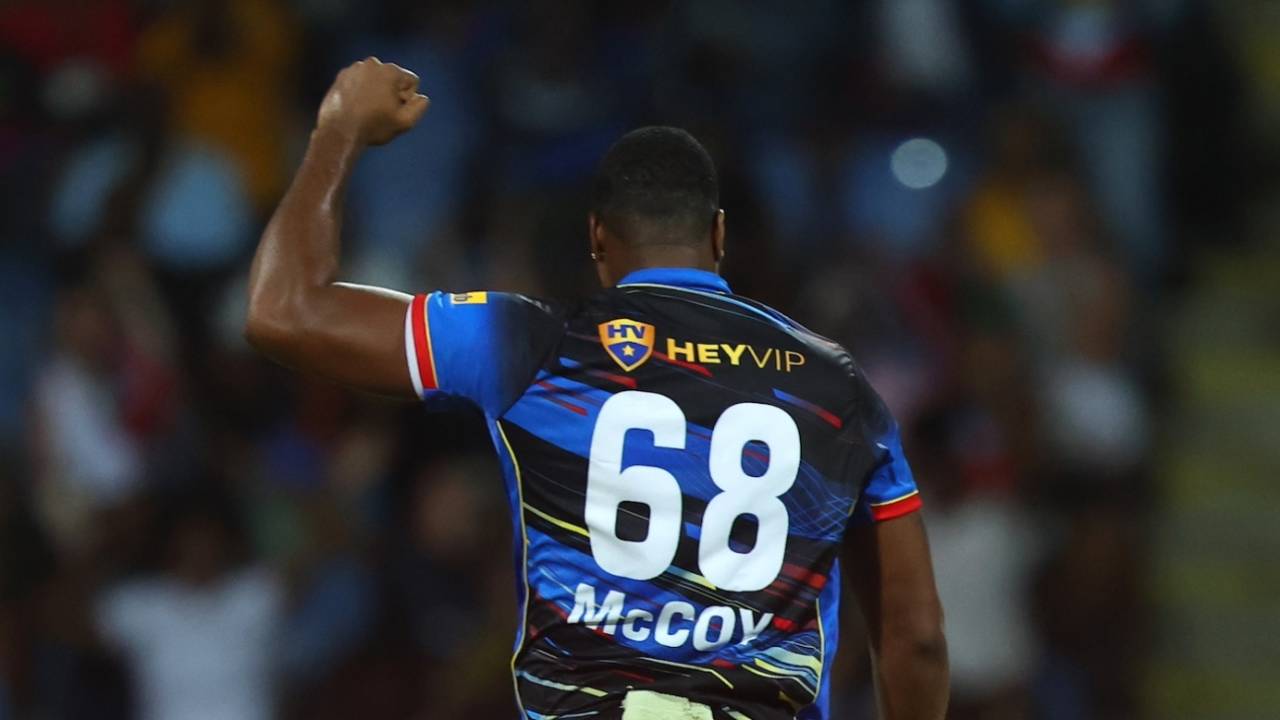 Obed McCoy struck twice in the fifth over, Antigua and Barbuda Falcons vs Trinbago Knight Riders, CPL 2025, North Sound, August 20, 2025