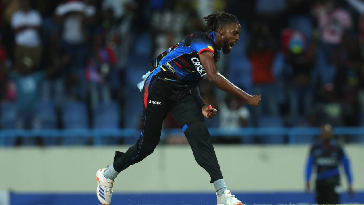 Shamar Springer celebrates after his stellar final over, Antigua and Barbuda Falcons vs Trinbago Knight Riders, CPL 2025, North Sound, August 20, 2025