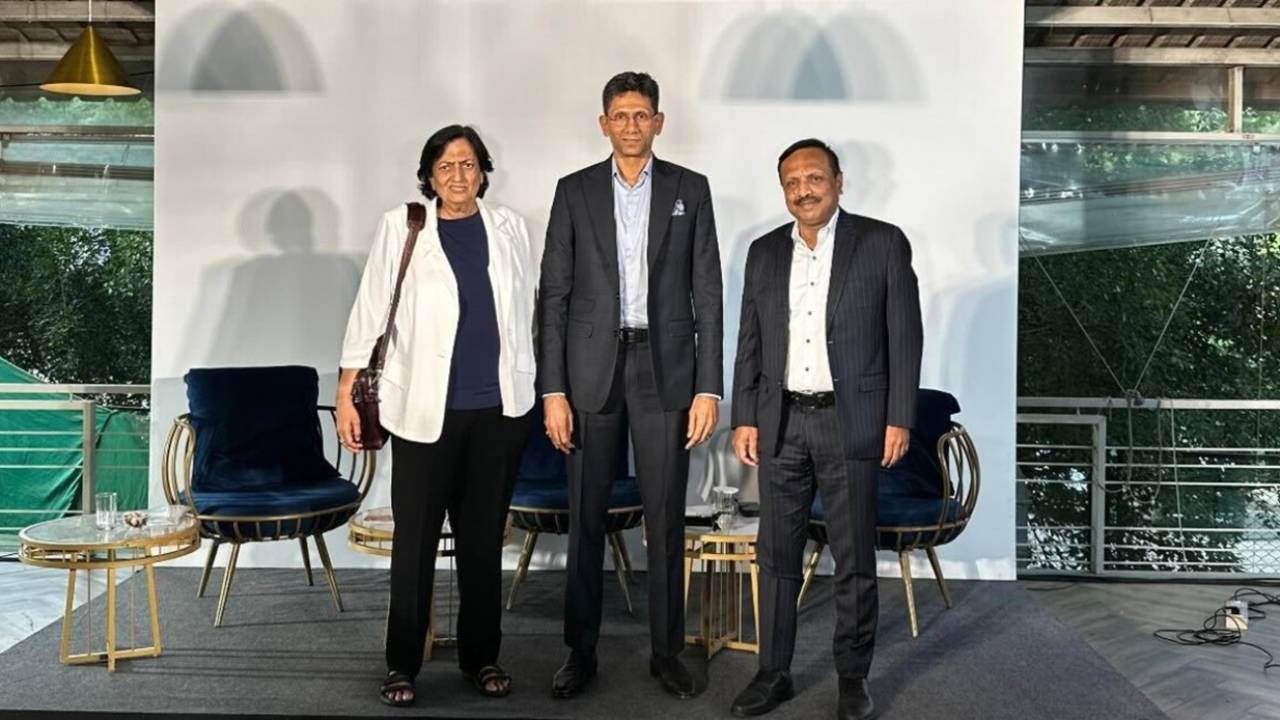 Shantha Rangaswamy, Venkatesh Prasad and Vinay Mruthyunjaya at an event in Bengaluru, August 20, 2025