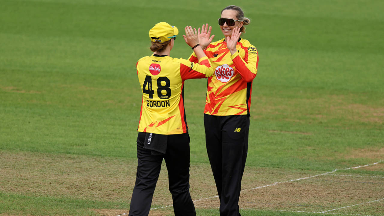 Ash Gardner celebrates with Kirstie Gordon after taking the wicket of Marizanne Kapp, Oval Invincibles vs Trent Rockets, Women's Hundred, Oval, August 21, 2025
