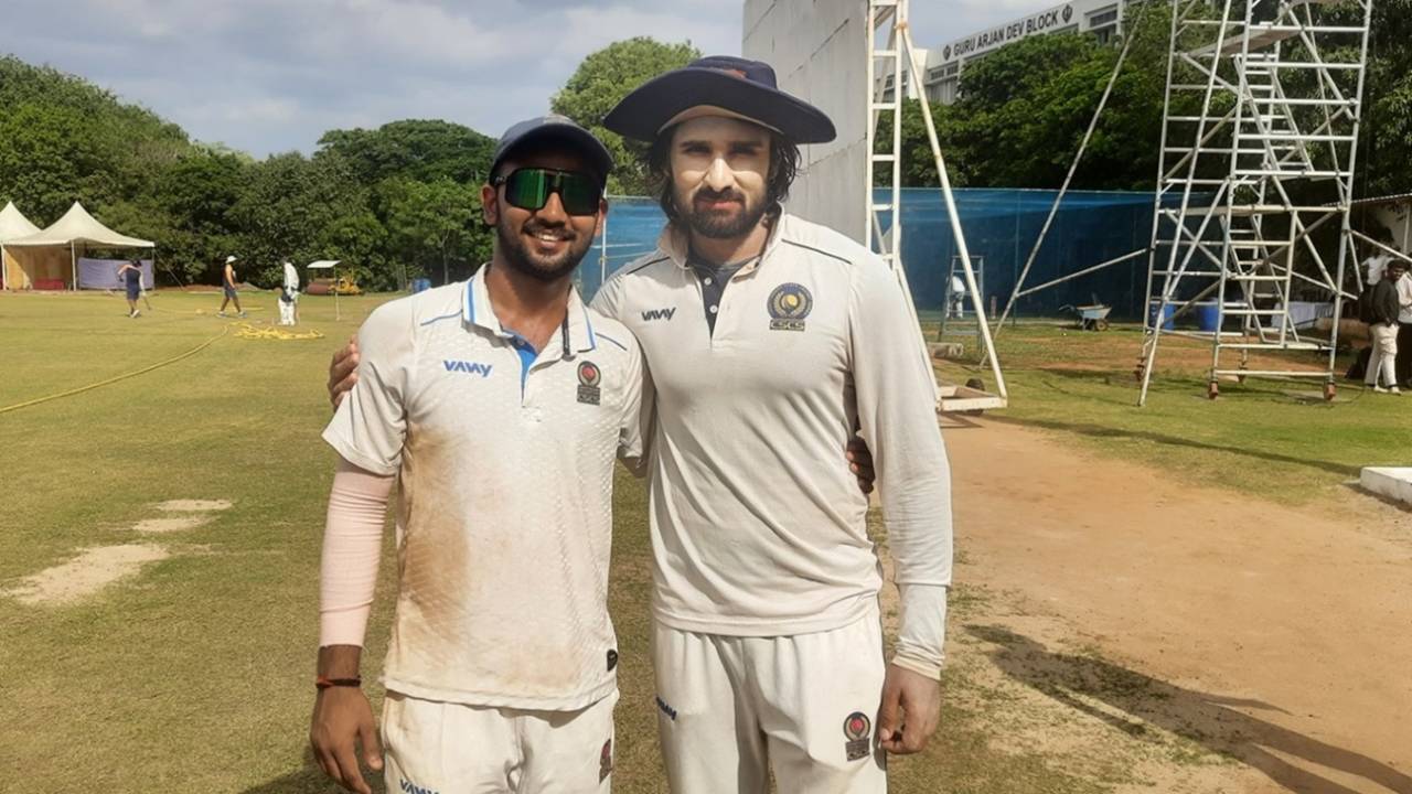 Aayush Pandey (left) and Sanjeet Desai (right) get together after helping Chhattisgarh beat Maharashtra in the Buchi Babu tournament, Chennai, August 20, 2025