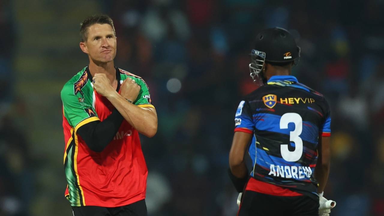 Dwaine Pretorius celebrates after sending back Jewel Andrew, Antigua and Barbuda Falcons vs Guyana Amazon Warriors, CPL 2025, North Sound, August 22, 2025