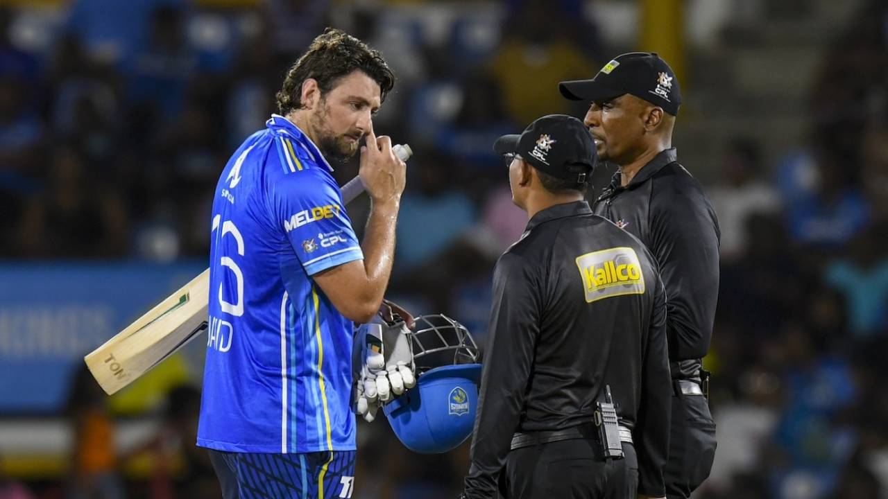 Tim David just can't get a satisfactory answer, St Lucia Kings vs Trinbago Knight Riders, CPL, Gros Islet, August 23, 2025