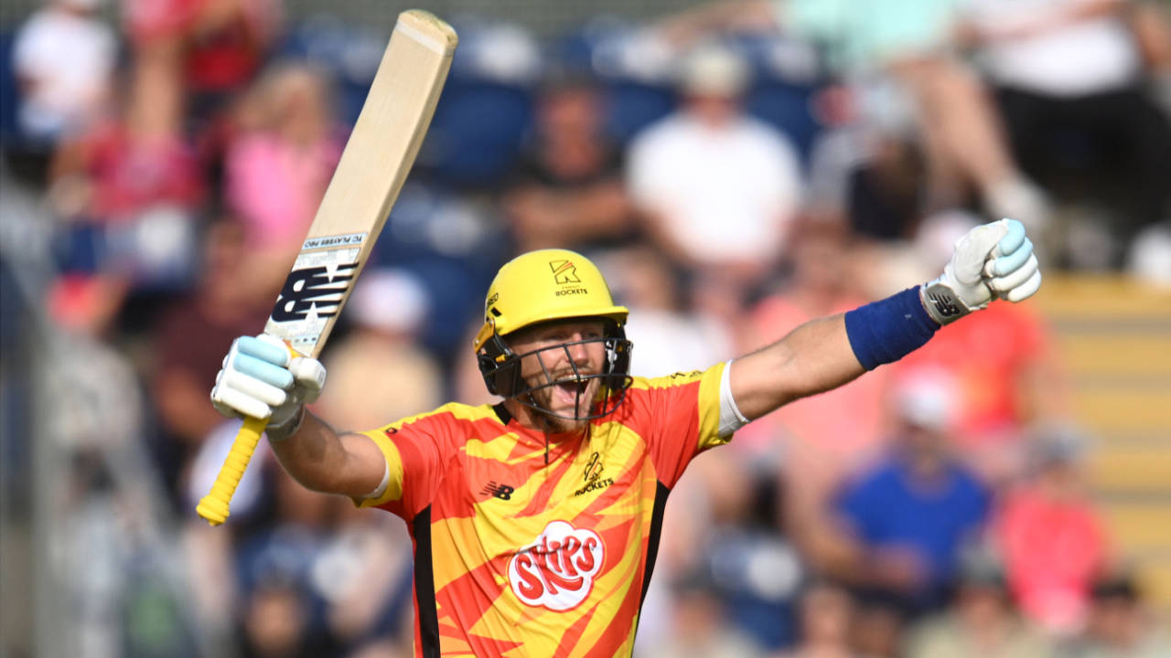 Joe Root celebrates the moment of victory with Trent Rockets, Welsh Fire vs Trent Rockets, Sophia Gardens, The Hundred men's competition, August 24, 2025 