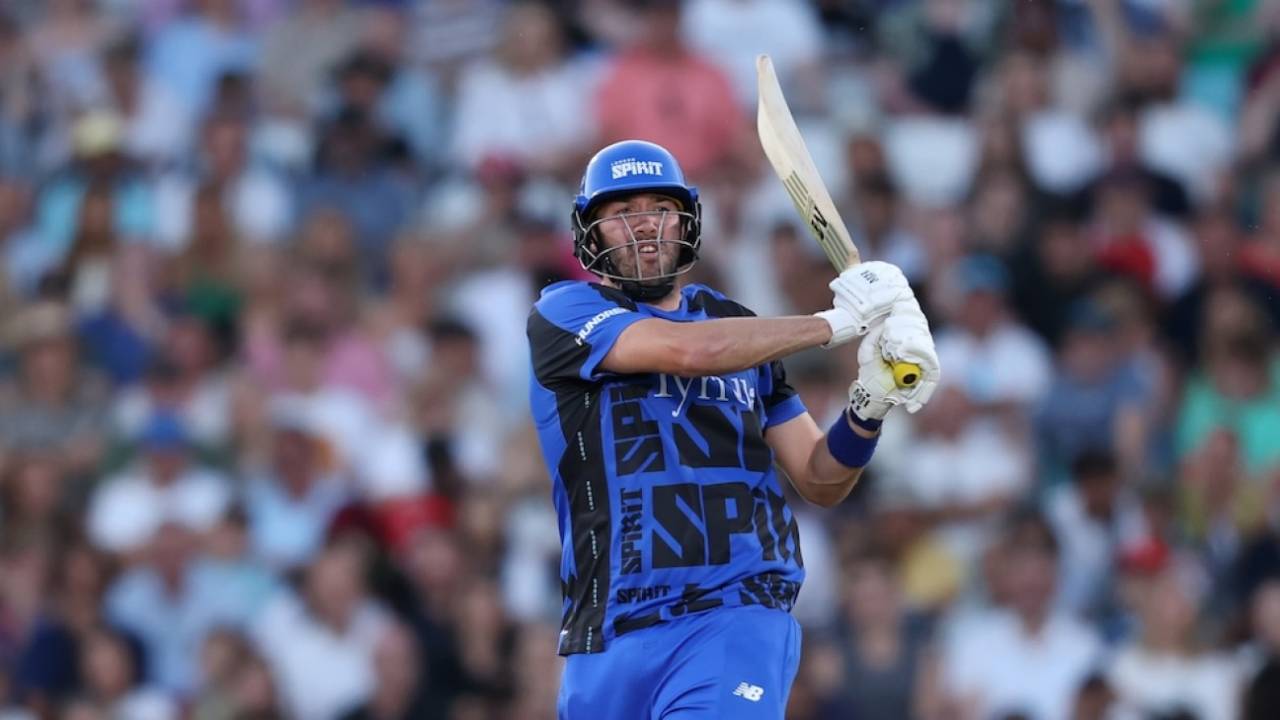 Jamie Overton clubs to the leg side, Oval Invincibles vs London Spirit, The Kia Oval, The Hundred men's competition, August 25, 2025