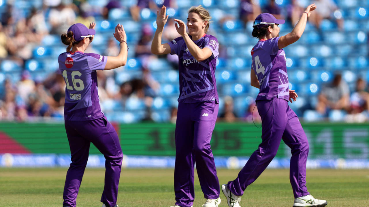 Annabel Sutherland celebrates with team-mates Alice Davidson-Richards and Kate Cross after taking the wicket of Beth Mooney, Women's Hundred, Northern Superchargers vs Manchester Originals, Headingley, August 26, 2025
