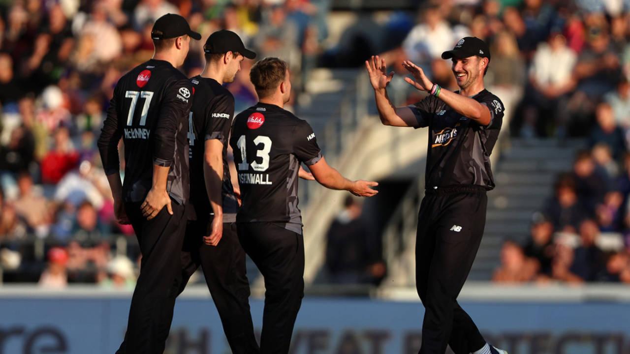 Tom Aspinwall celebrates with team-mate Josh Tongue after taking the wicket of Michael Pepper, Men's Hundred, Northern Superchargers vs Manchester Originals, Headingley, August 26, 2025