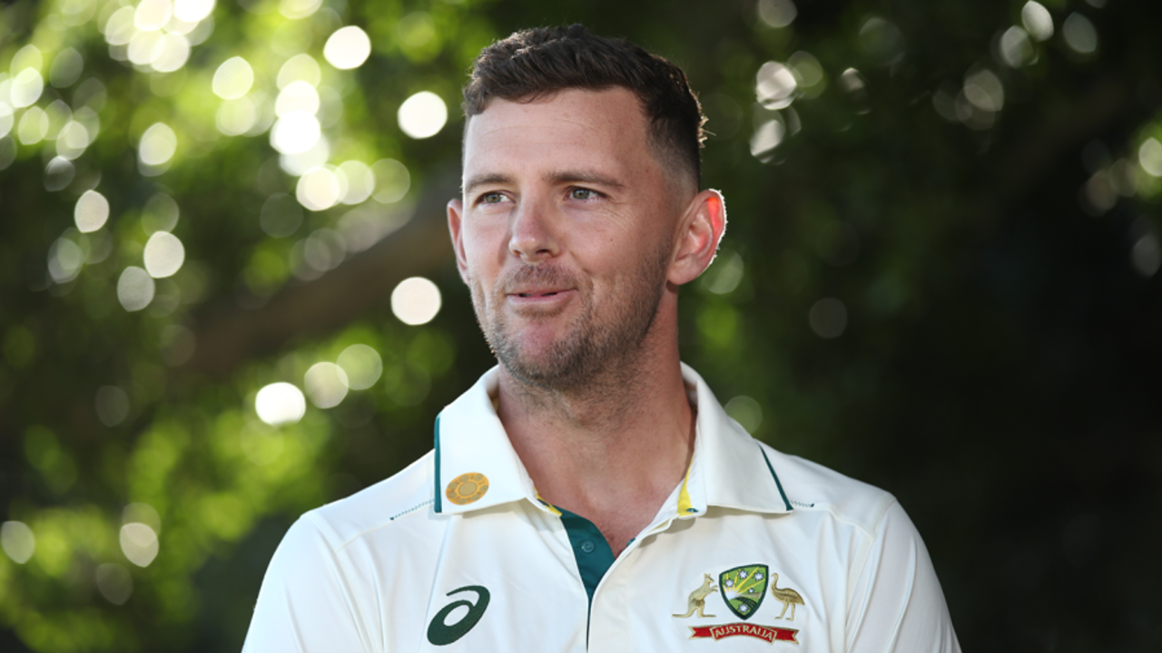 Josh Hazlewood speaks at a promotional event, Sydney, August 28, 2025
