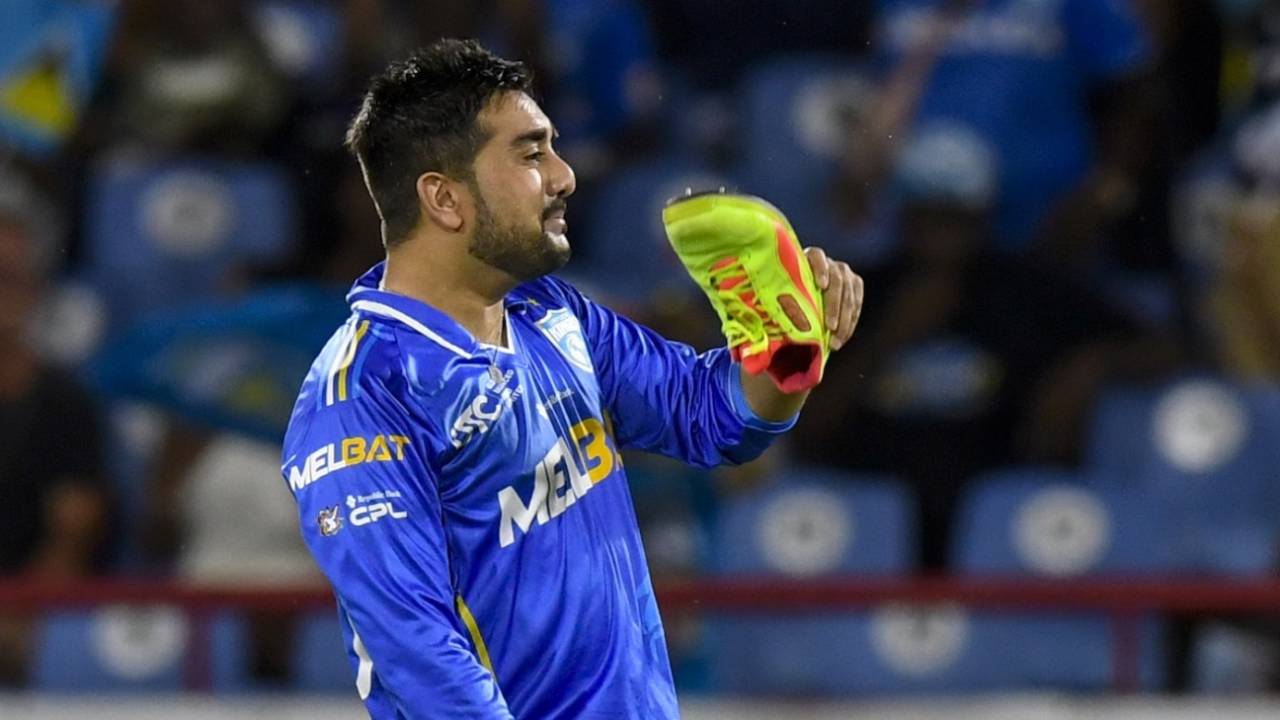 Tabraiz Shamsi brings out his familiar celebration, St Lucia Kings vs St Kitts and Nevis Patriots, CPL, Gros Islet, August 28, 2025