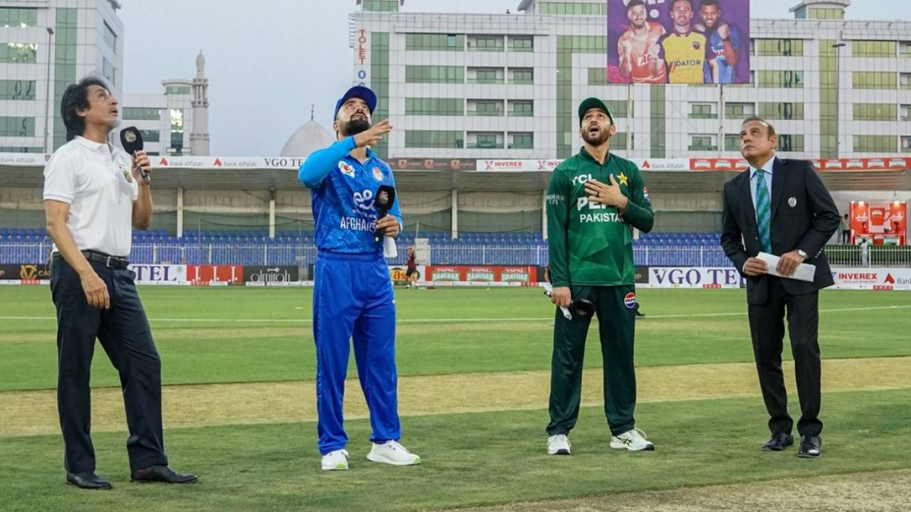 Rashid Khan and Salman Agha at the toss, Afghanistan vs Pakistan, UAE T20I tri-series, Sharjah, August 29, 2025