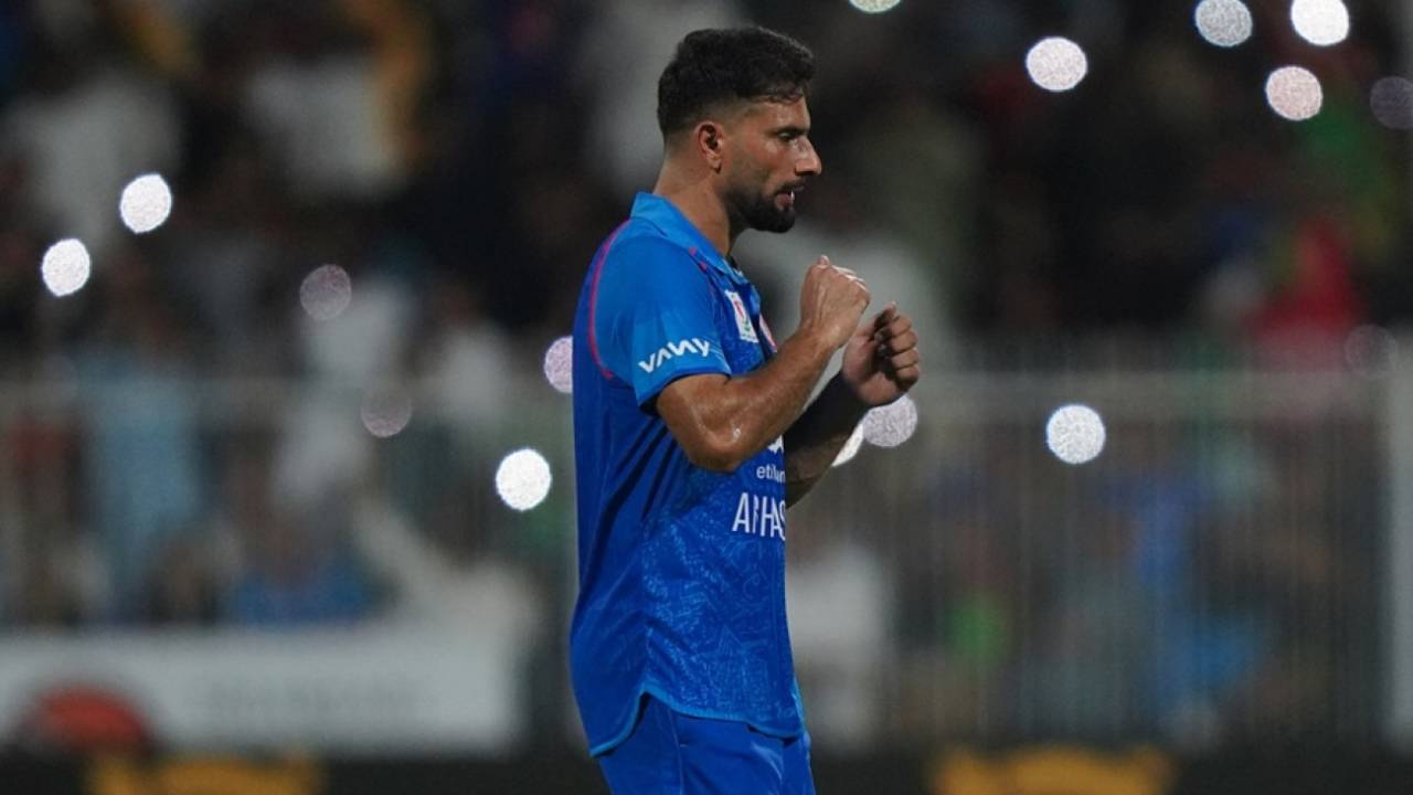 Fareed Ahmad celebrates dismissing Hasan Nawaz, Afghanistan vs Pakistan, UAE T20I tri-series, Sharjah, August 29, 2025