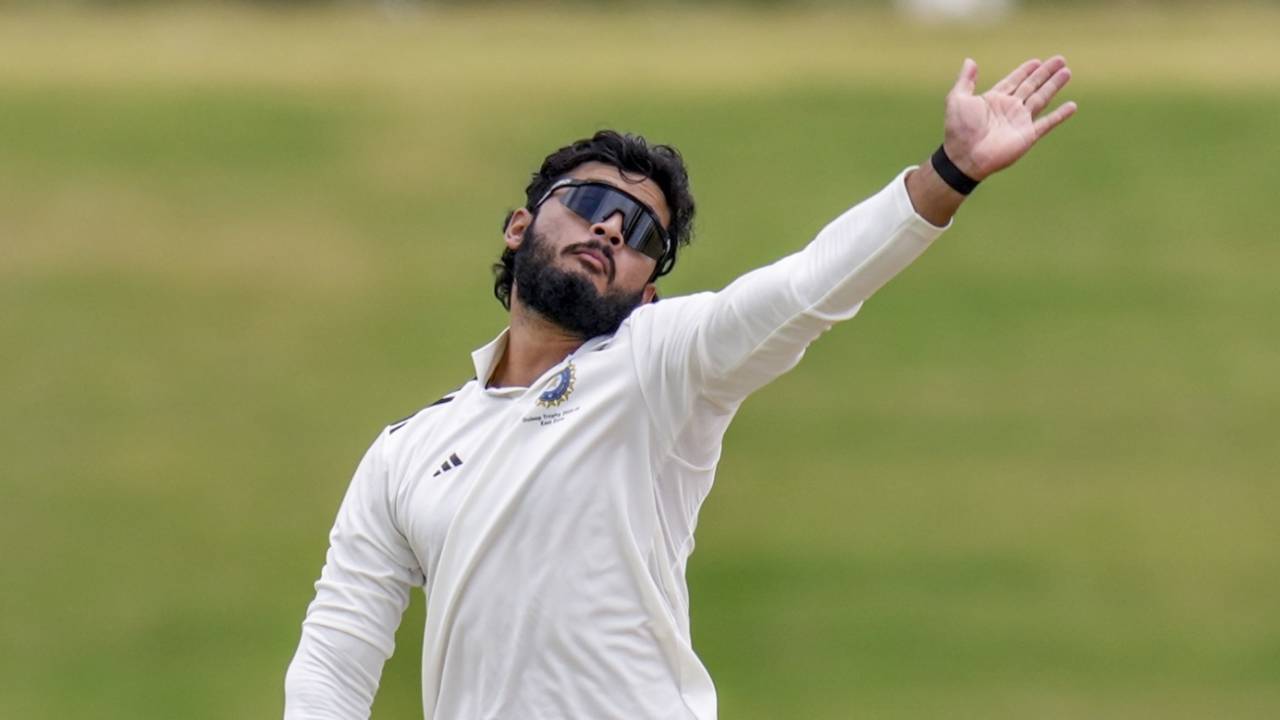 Riyan Parag has a bowl, East Zone vs North Zone, Duleep Trophy. quarter-final, Bengaluru, 3rd day, August 30, 2025