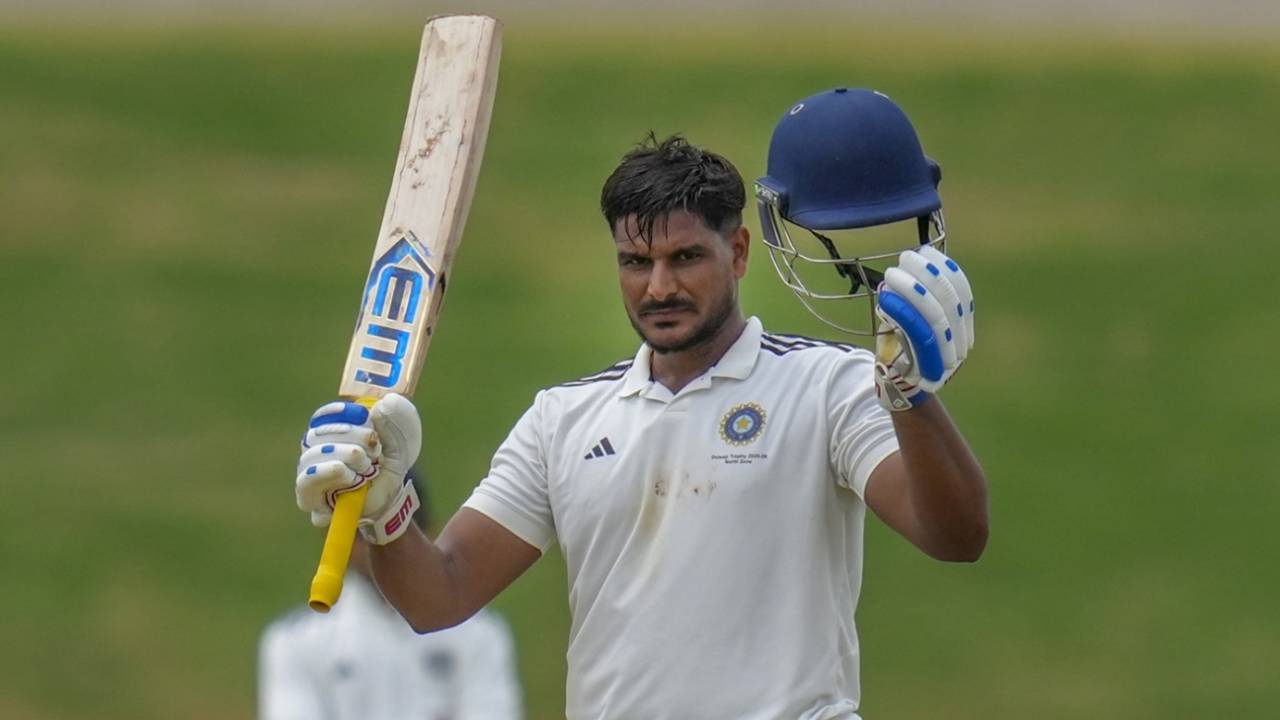 Ankit Kumar celebrates his century, East Zone vs North Zone, Duleep Trophy. quarter-final, Bengaluru, 3rd day, August 30, 2025