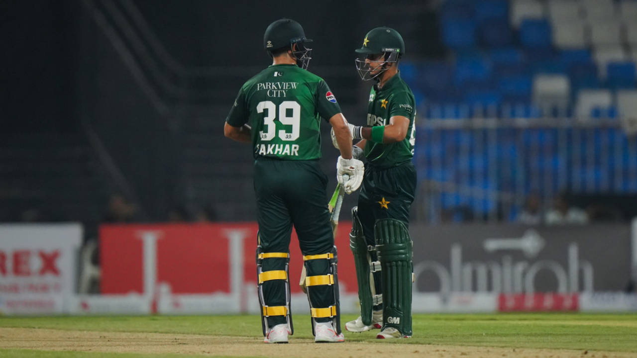 Fakhar Saman and Saim Ayub punch gloves in the middle, UAE vs Pakistan, 2nd T20I, Sharjah, August 30, 2025