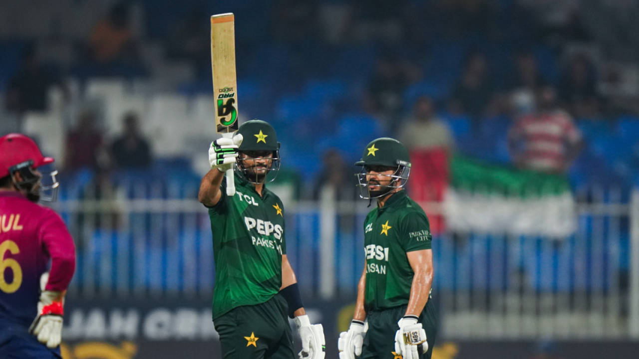 Hasan Nawaz celebrates his half-century, UAE vs Pakistan, 2nd T20I, Sharjah, August 30, 2025