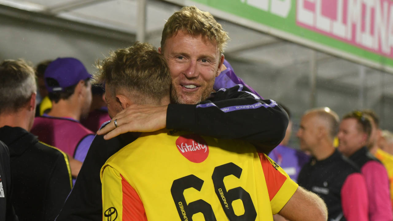 Andrew Flintoff congratulates Joe Root after Rockets progressed to the final, Northern Superchargers vs Trent Rockets, The Kia Oval, The Hundred Men's Competition, August 30, 2025