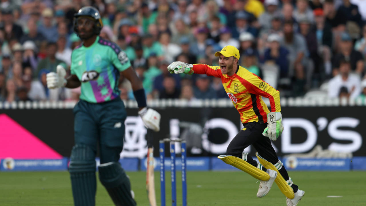 Tawanda Muyeye fell to Dillon Pennington's first ball, Oval Invincibles vs Trent Rockets, Men's Hundred final, Lord's, August 31, 2025