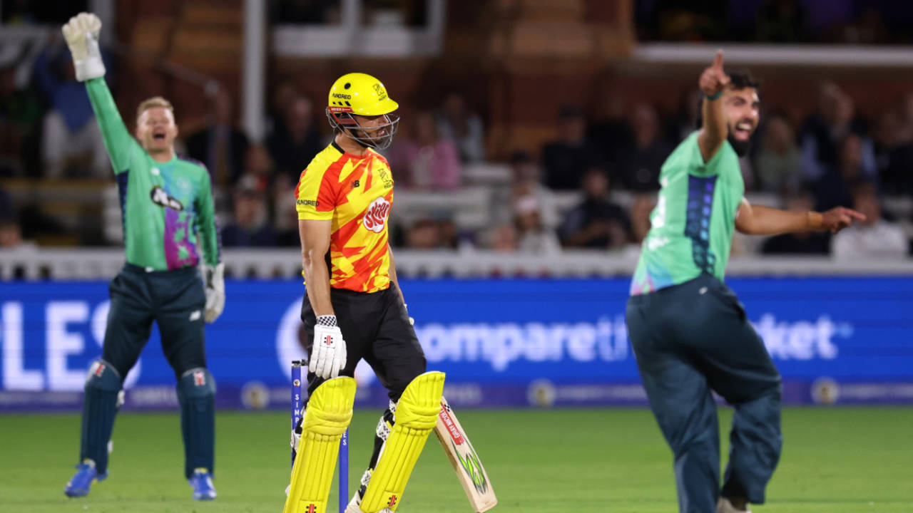 Saqib Mahmood capped the victory with the last-ball wicket of Marcus Stoinis, Oval Invincibles vs Trent Rockets, The Hundred Men's Competition, Final, Lord's, August 31, 2025