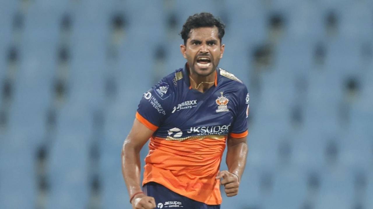 Shivam Mavi is pumped after picking up a wicket, Lucknow, August 27, 2025