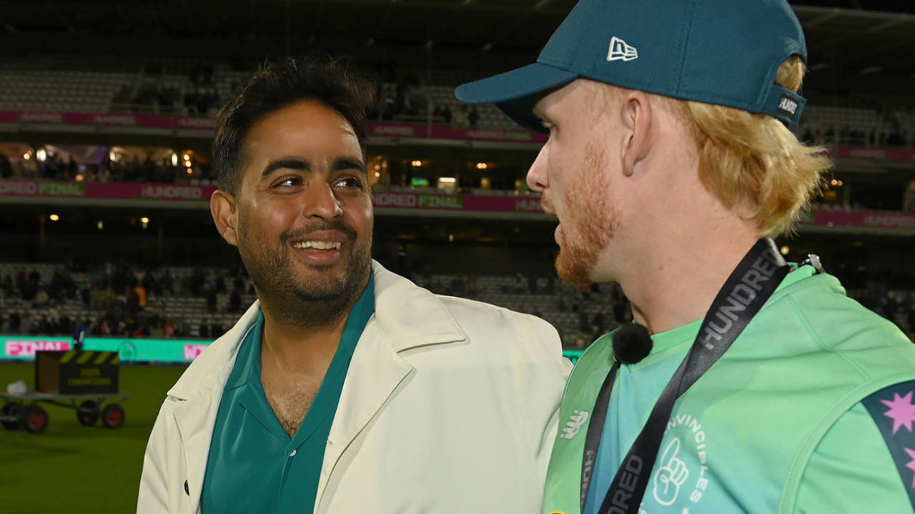 Akash Ambani chats to Jordan Cox after the Hundred final, Oval Invincibles vs Trent Rockets, The Hundred Men's Competition, Final, Lord's, August 31, 2025