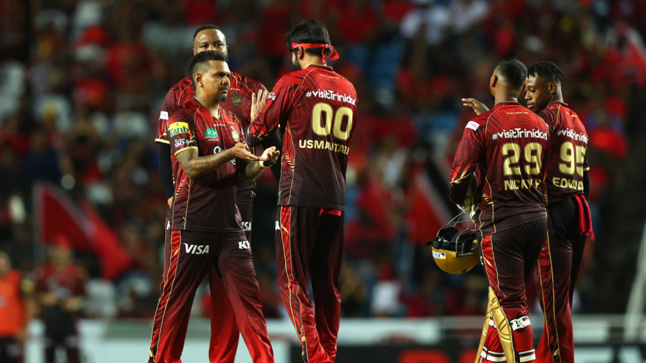 Sunil Narine celebrates a wicket with this teammates,Trinbago Knight Riders vs St Lucia Kings, CPL 2025, Tarouba, September 3, 2025