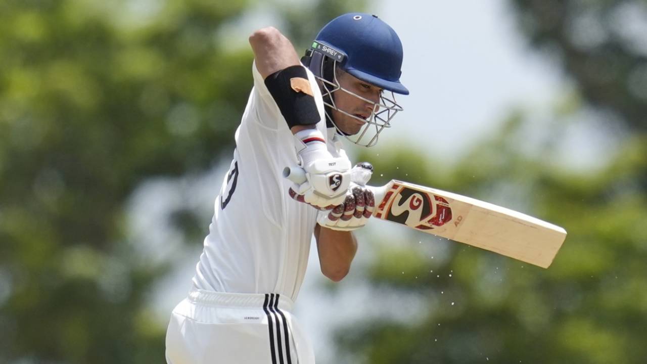 Aarya Desai tackles a short ball, Central Zone vs West Zone, Duleep Trophy semi-final, Bengaluru, September 4, 2025