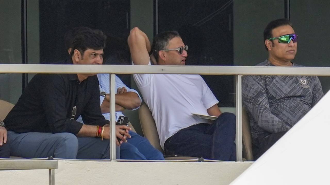 [L to R] Subroto Banerjee, Ajit Agarkar and VVS Laxman keep an eye on proceedings, North Zone vs South Zone, Duleep Trophy semi-final, Bengaluru, 2nd day, September 5, 2025