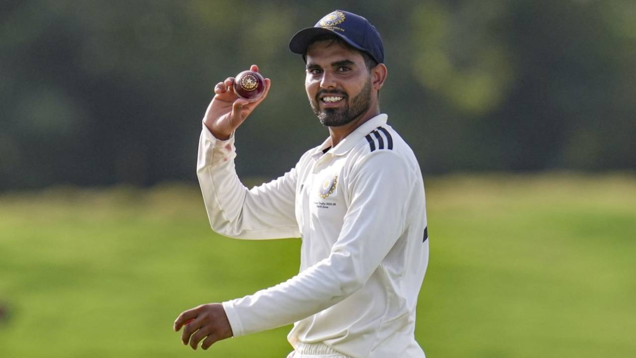 Nishant Sindhu is all smiles after taking a five-for, North Zone vs South Zone, Duleep Trophy semi-final, Bengaluru, 2nd day, September 5, 2025