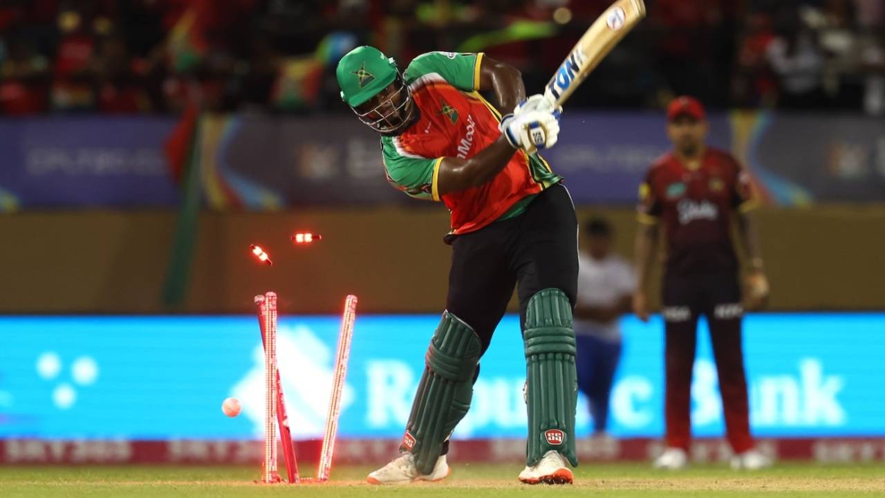 Romario Shepherd had no answer for a straight delivery from Andre Russell, Guyana Amazon Warriors vs Trinbago Knight Riders, CPL 2025, Providence, September 6, 2025