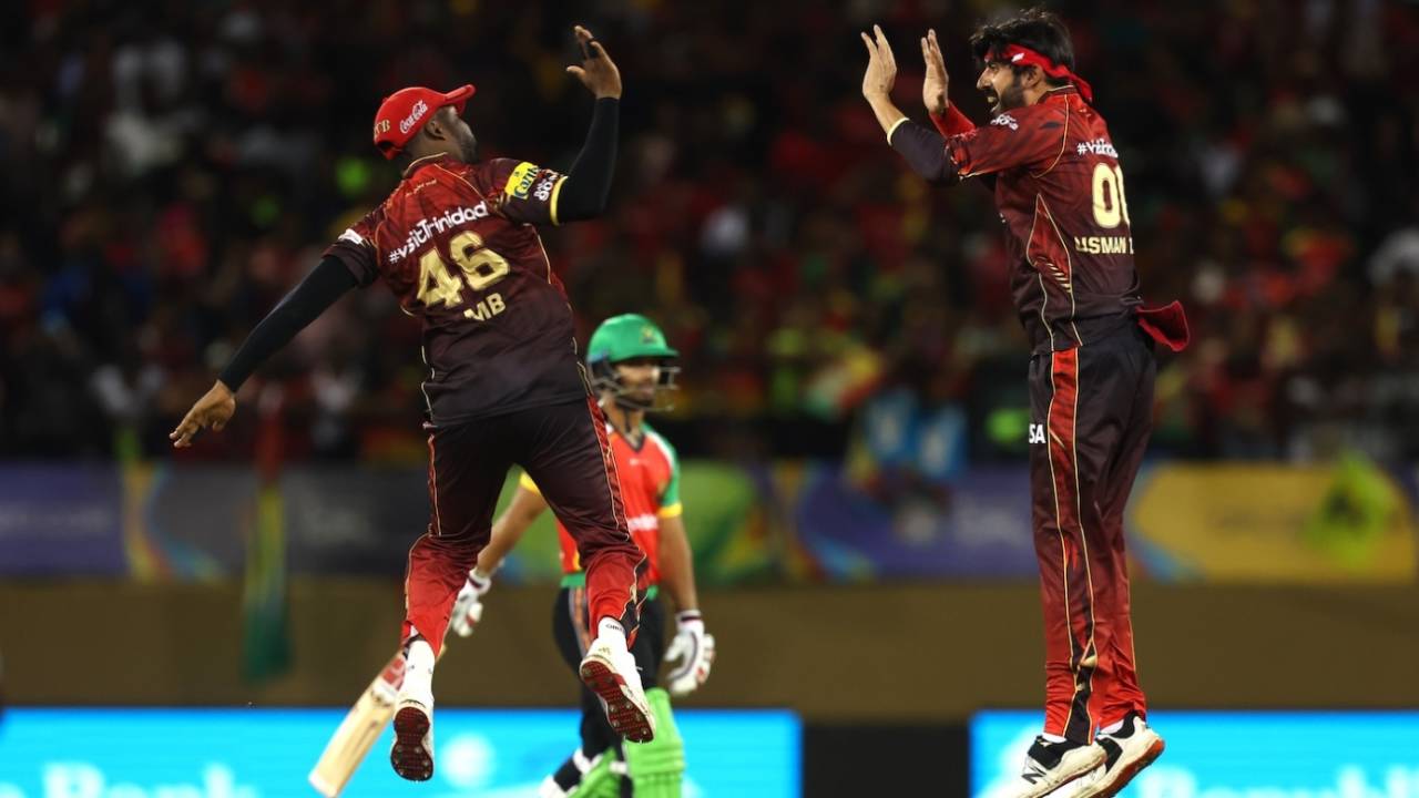 Darren Bravo celebrated with Usman Tariq his only wicket, Guyana Amazon Warriors vs Trinbago Knight Riders, CPL 2025, Providence, September 6, 2025