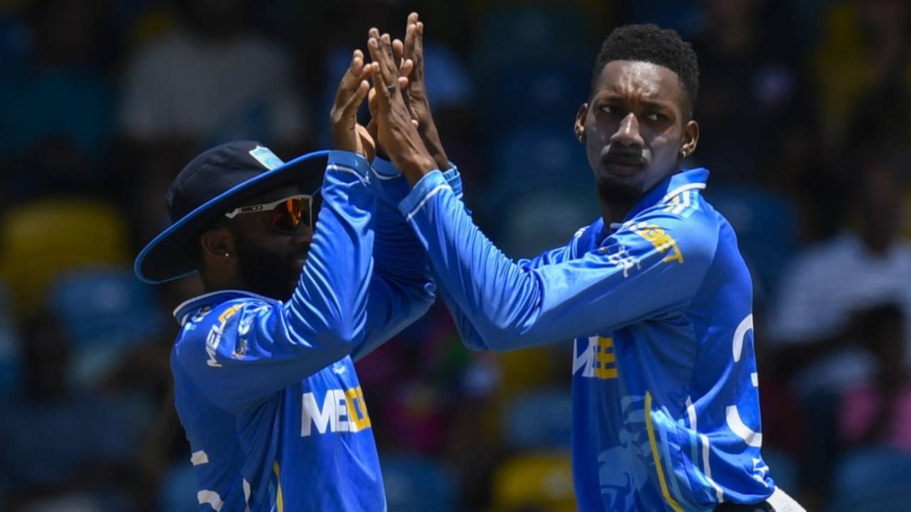Khary Pierre celebrates a wicket with Aaron Jones, Barbados Royals vs St Lucia Kings, CPL 2025, Bridgetown, September 7, 2025