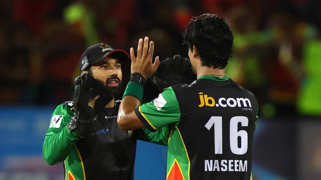 Patriots' Pakistani stars Mohammad Rizwan and Naseem Shah celebrate a wicket, Guyana Amazon Warriors vs St Kitts and Nevis Patriots, CPL 2025, Providence, September 7, 2025
