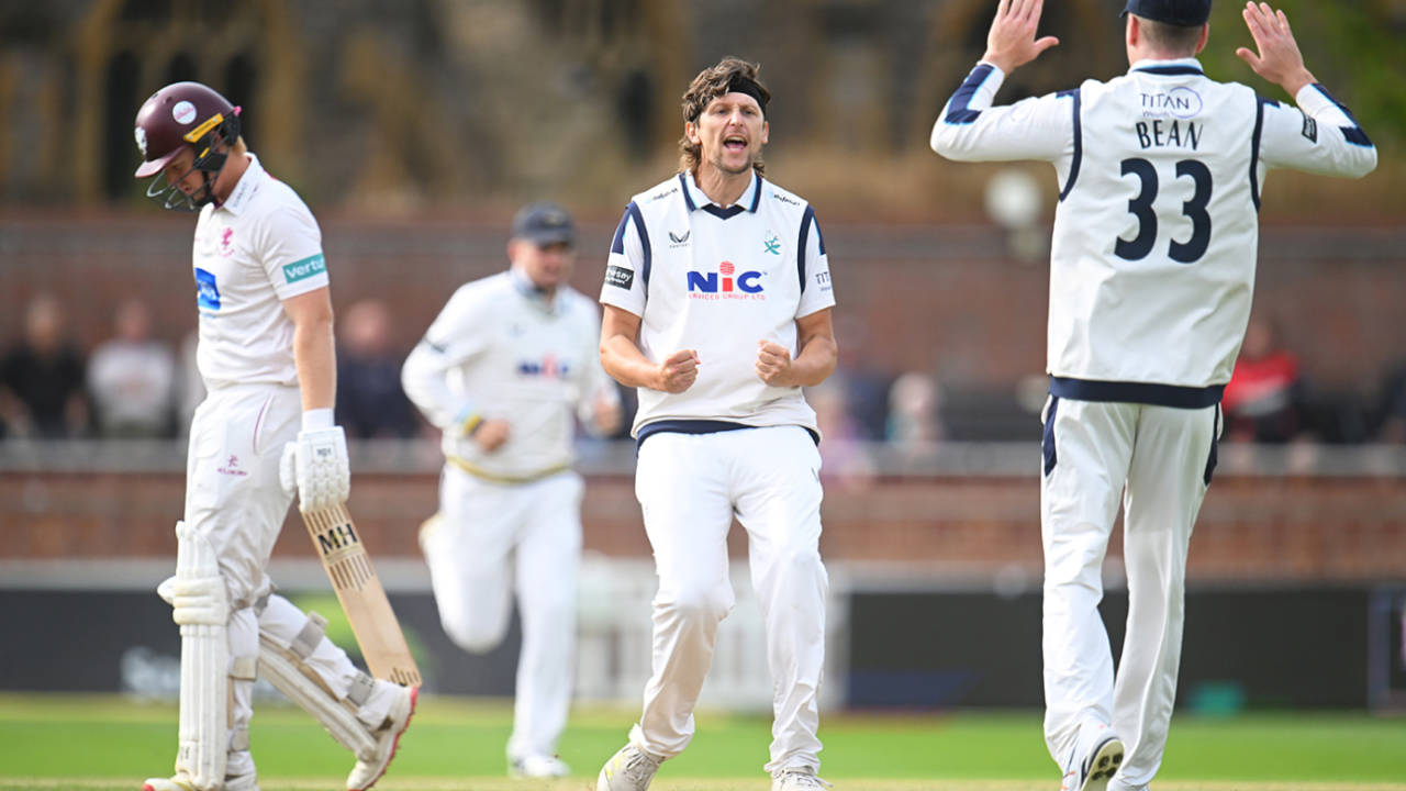 Jack White made the early breakthrough on day two, Somerset vs Yorkshire, County Championship, Division One, Taunton, September 9, 2025