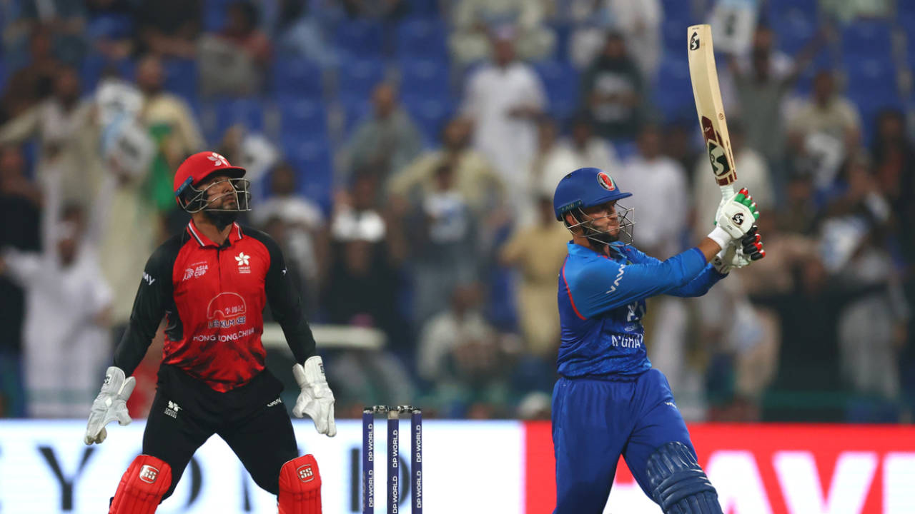 Azmatullah Omarzai plays a shot during his late-innings blitz, Afghanistan vs Hong Kong, Men's T20 Asia Cup, Abu Dhabi, September 09, 2025