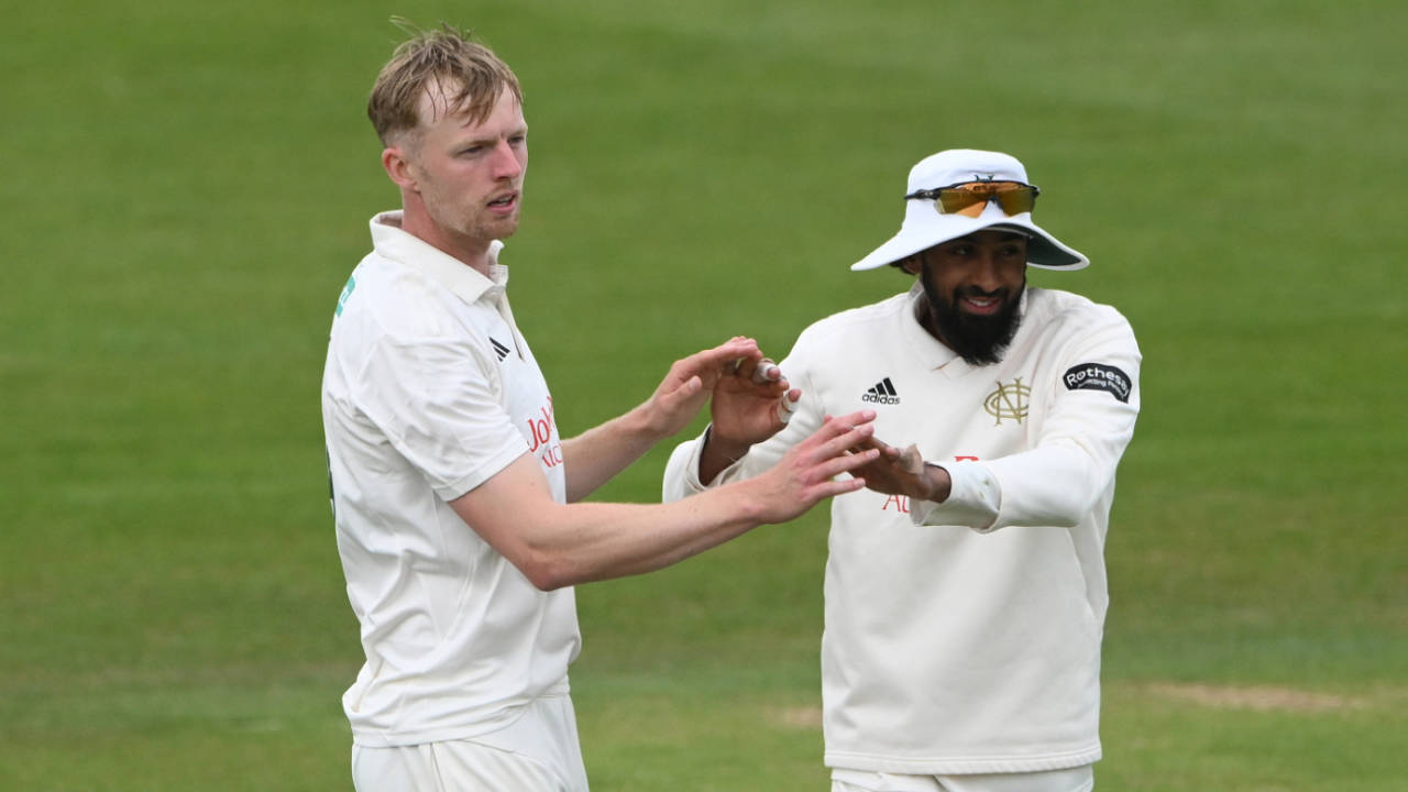Lyndon James and Haseeb Hameed celebrate a wicket, Durham vs Nottinghamshire, County Championship, May 18, 2025