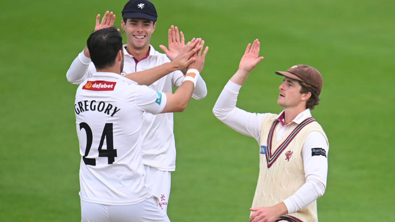 Lewis Gregory celebrates a breakthrough, Somerset vs Yorkshire, County Championship, Taunton, September 11, 2025
