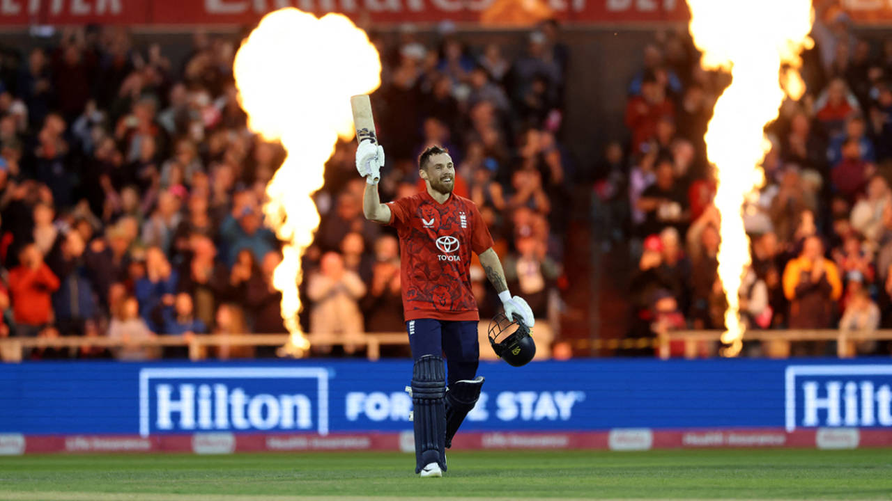 Phil Salt celebrates his fourth T20 international hundred, England vs South Africa, 2nd Men's T20I, Emirates Old Trafford, Manchester, September 12, 2025