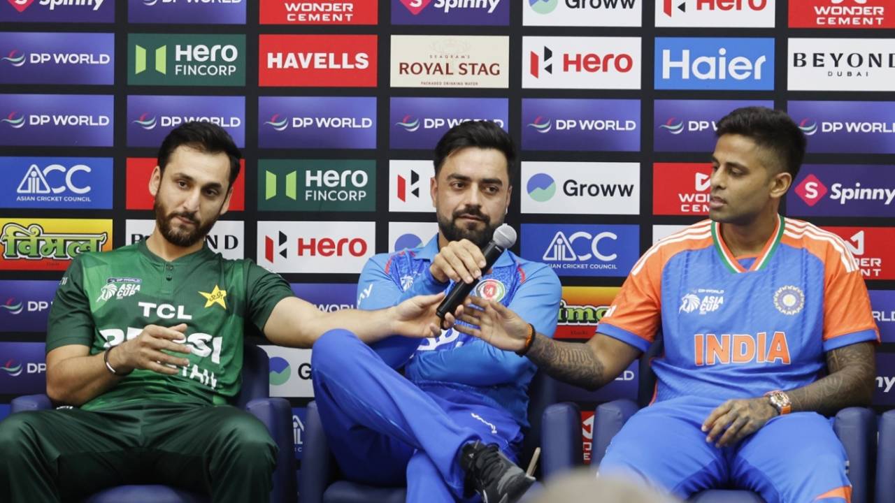 Rashid Khan passes the mic from Salman Agha to Suryakumar Yadav, Men's T20 Asia Cup, Dubai, September 9, 2025
