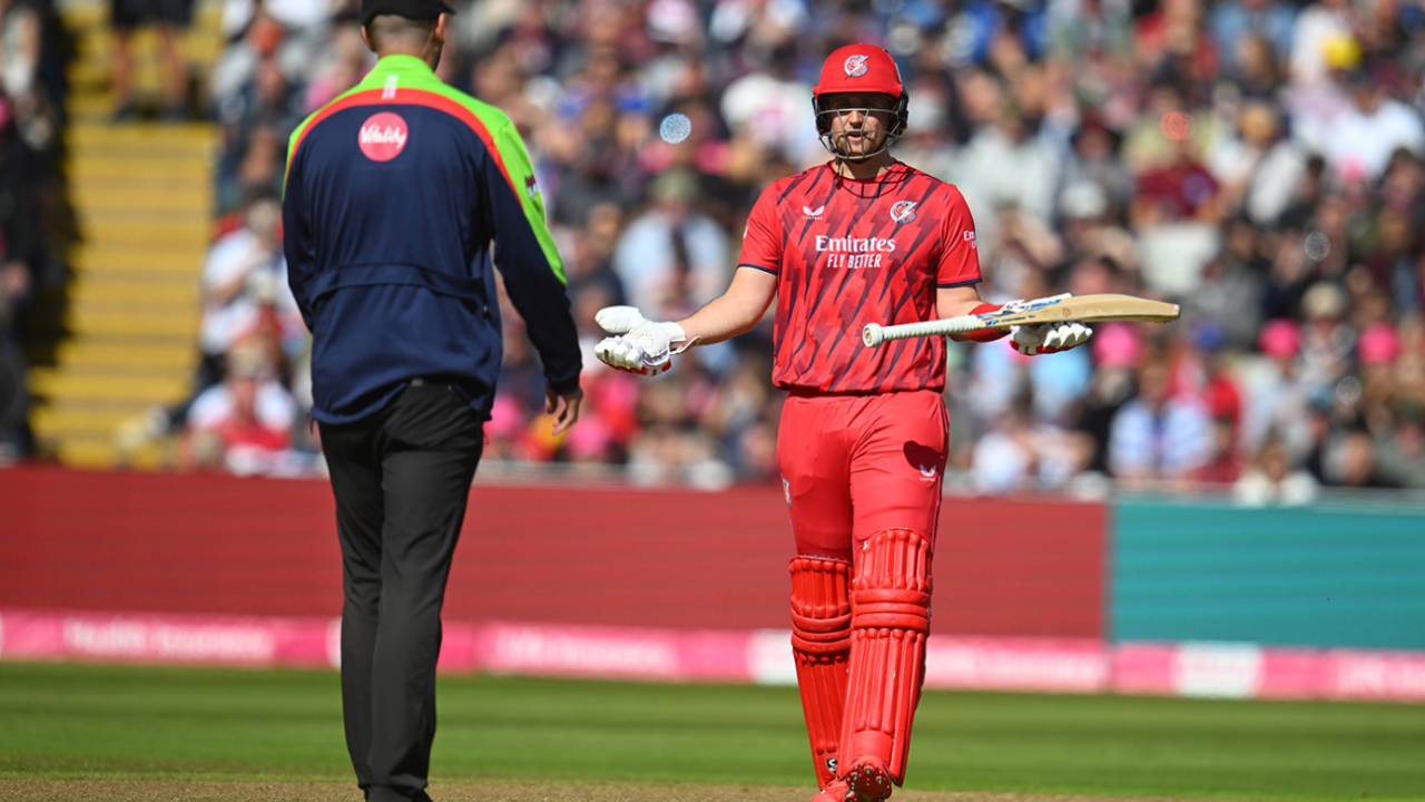 Liam Livingstone queries his dismissal, Somerset vs Lancashire, Vitality Blast semi-final, Edgbaston, September 13, 2025