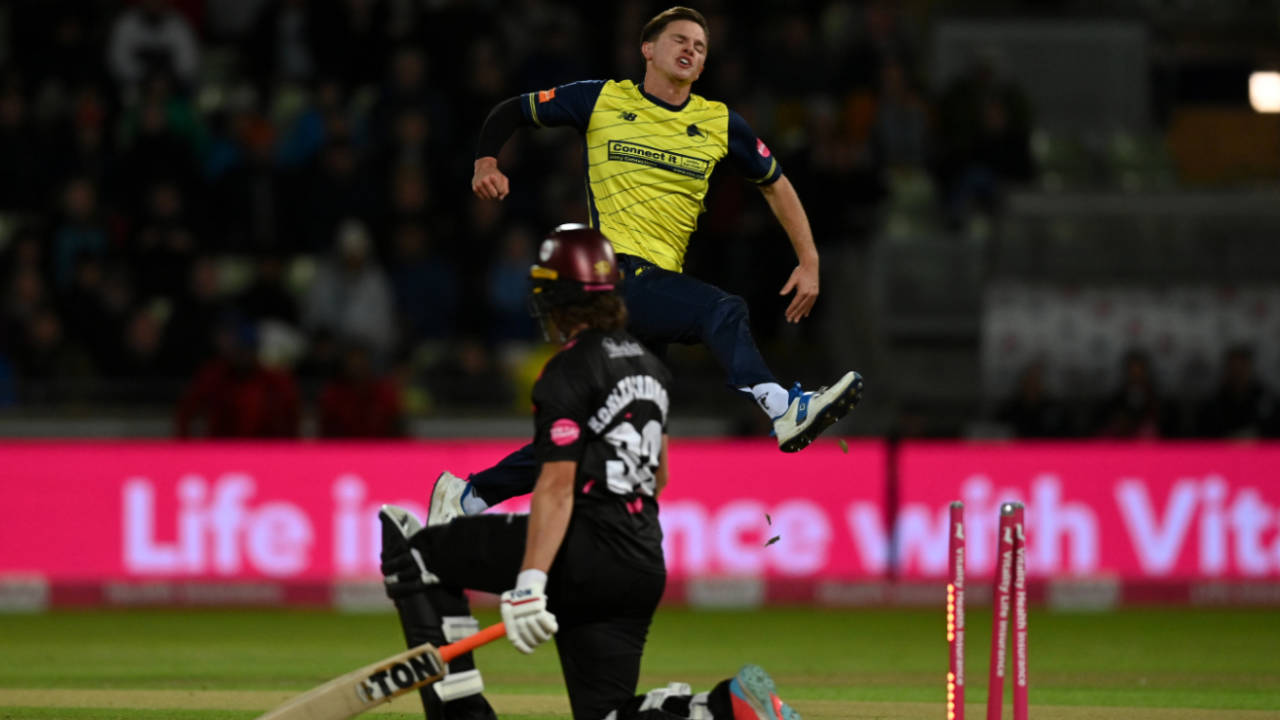 Tom Kohler-Cadmore was bowled by Sonny Baker, Hampshire vs Somerset, Men's T20 Blast final, Edgbaston, September 13, 2025