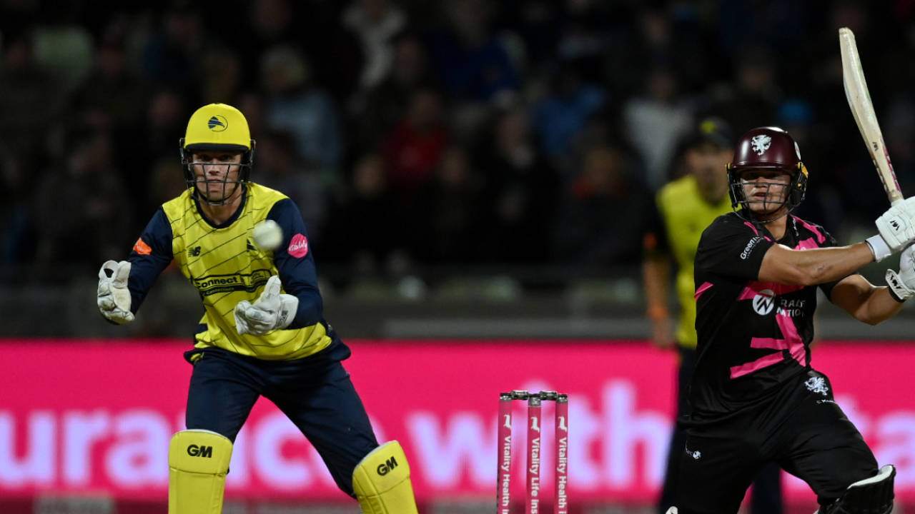 Will Smeed drives through the covers in his matchwinning 94, Hampshire vs Somerset, Men's T20 Blast final, Edgbaston, September 13, 2025