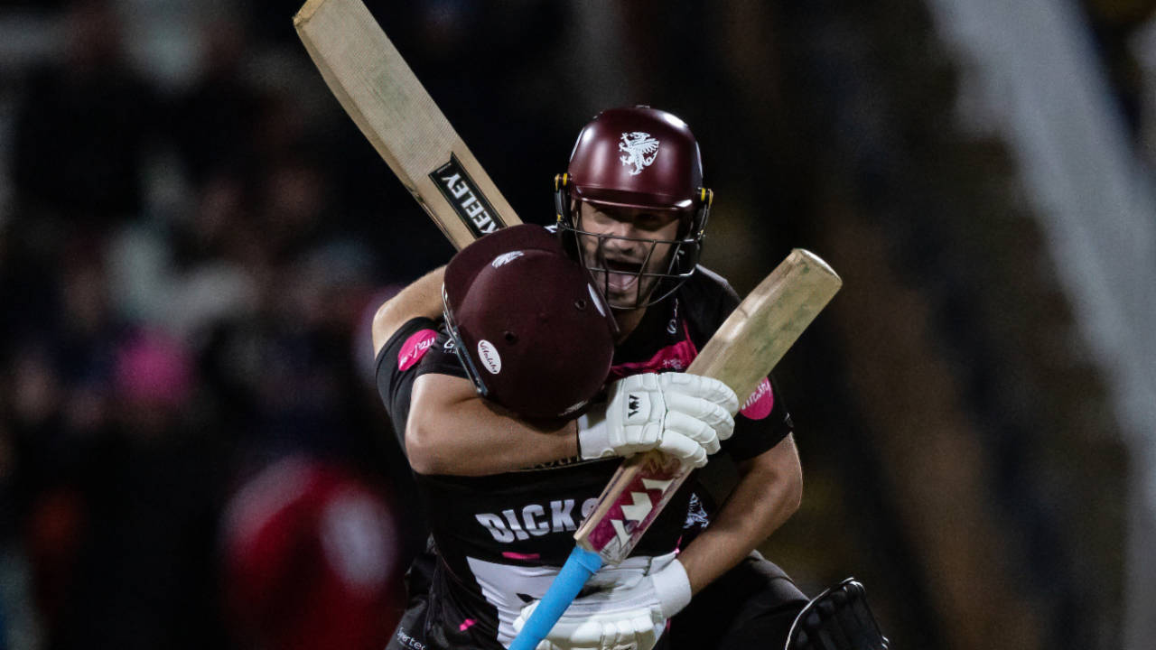 Lewis Gregory and Sean Dickson celebrate the moment of Somerset's victory, Hampshire vs Somerset, Men's T20 Blast final, Edgbaston, September 13, 2025