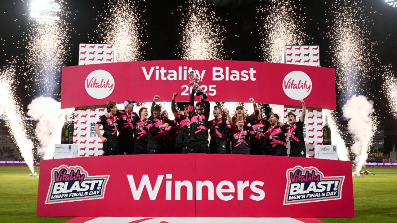 Lewis Gregory lifts the Vitality Blast trophy after Somerset's victory over Hampshire, Hampshire vs Somerset, Men's T20 Blast final, Edgbaston, September 13, 2025