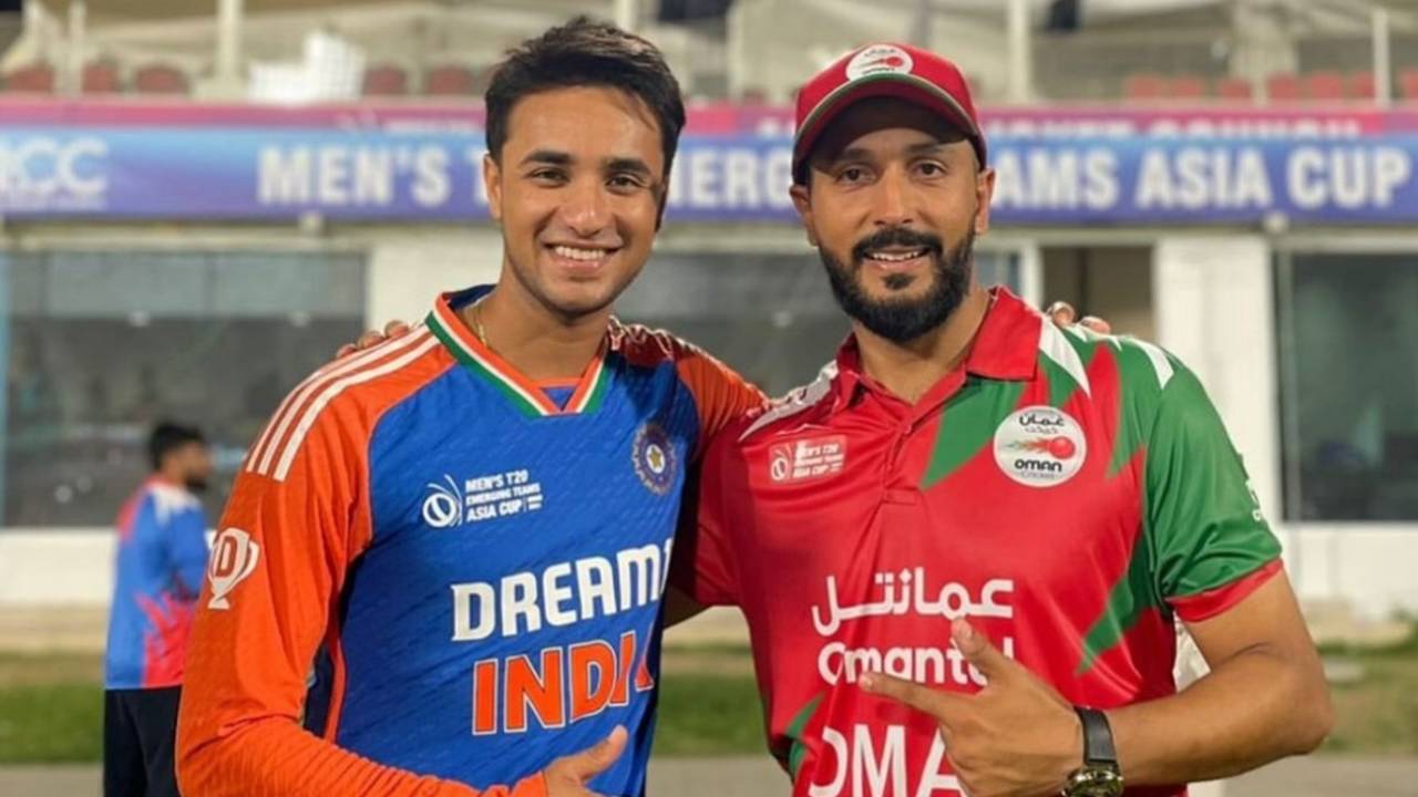 Abhishek Sharma and Sufyan Mehmood catch up, Oman vs India, Al Amerat, ACC Men's T20 Emerging Teams Asia Cup, October 23, 2024