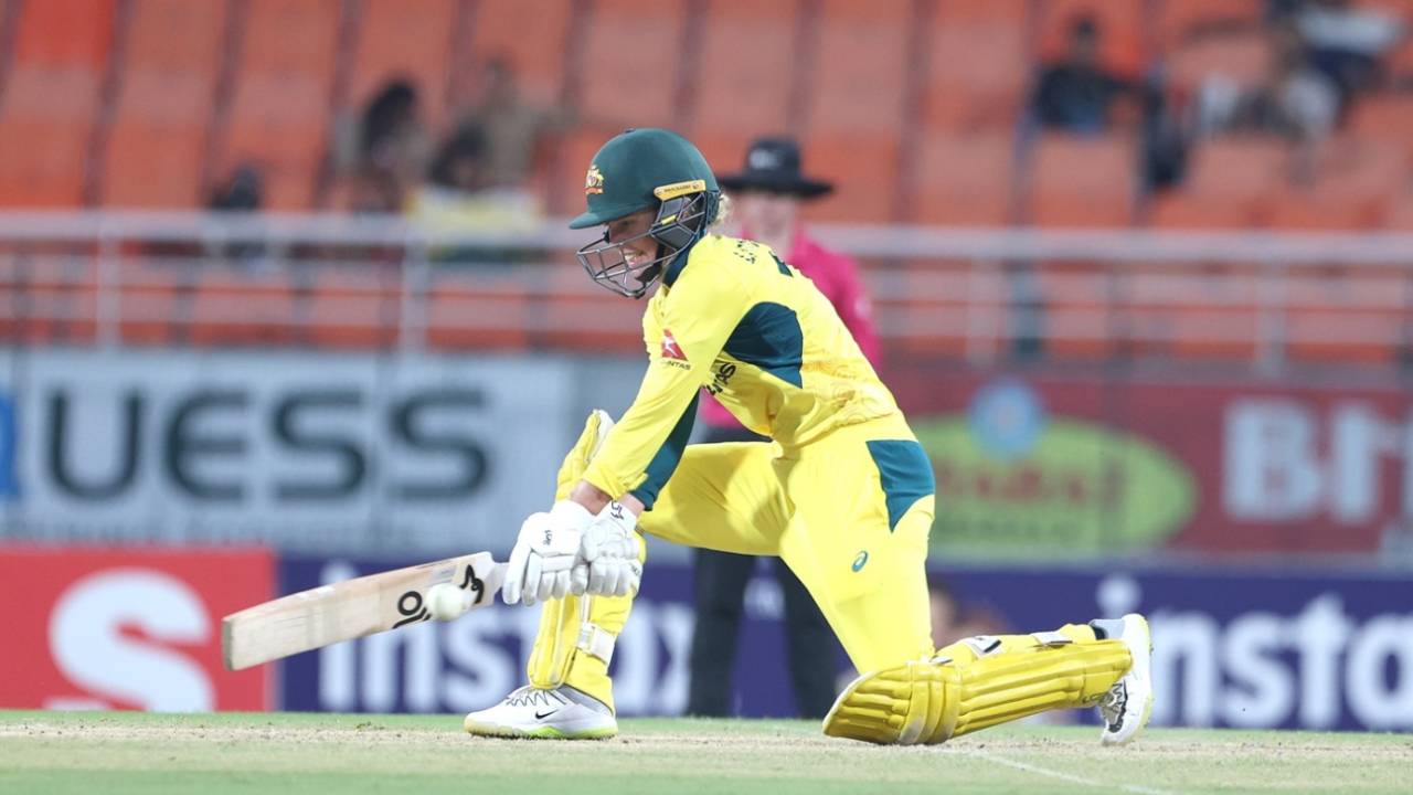 Phoebe Litchfield plays a reverse sweep, India vs Australia, 1st women's ODI, New Chandigarh, September 14, 2025
