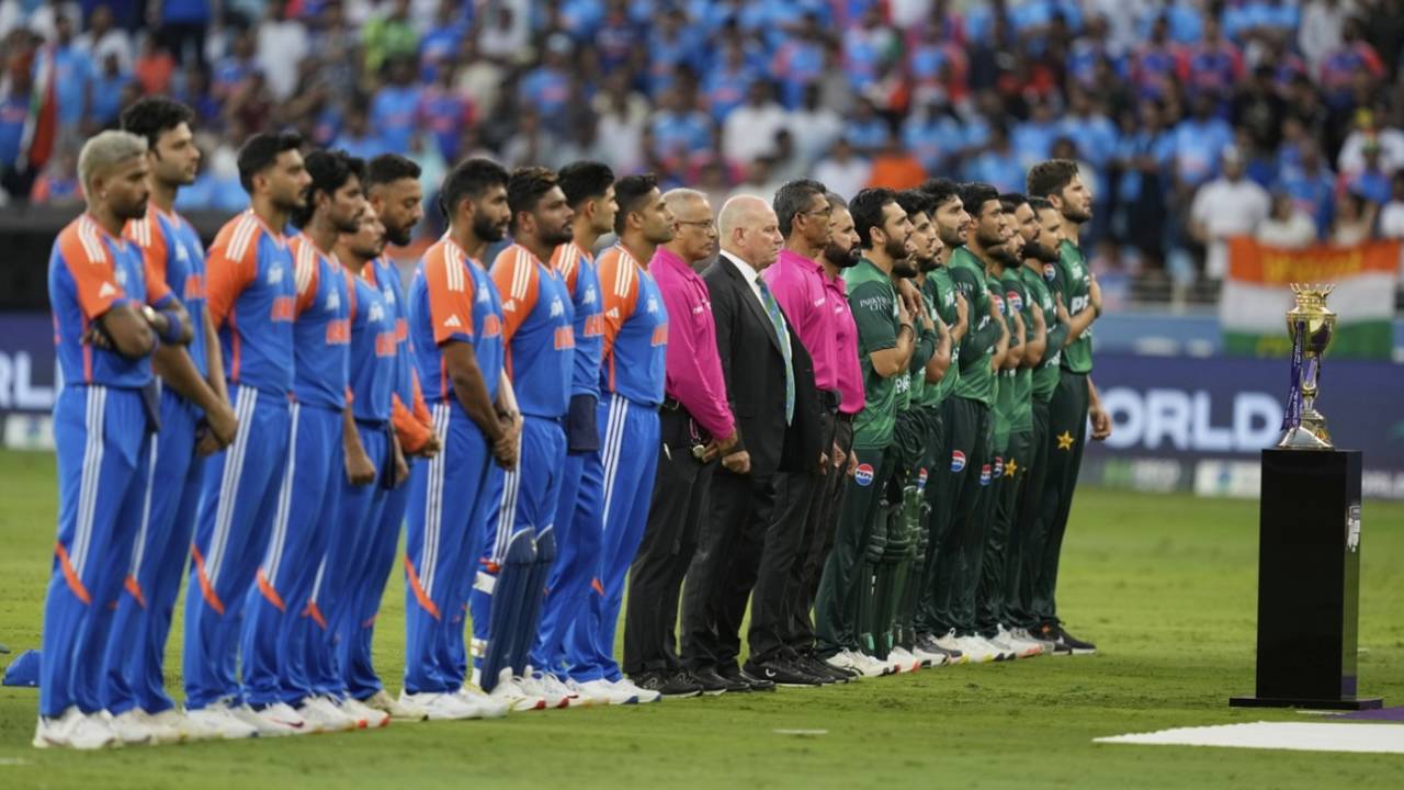 India and Pakistan line up for the anthems, India vs Pakistan, Men's T20 Asia Cup, Dubai, September 14, 2025