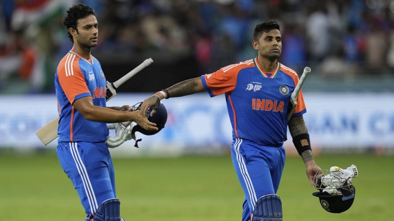 Shivam Dube and Suryakumar Yadav walk back after India's win, India vs Pakistan, Men's T20 Asia Cup, Dubai, September 14, 2025